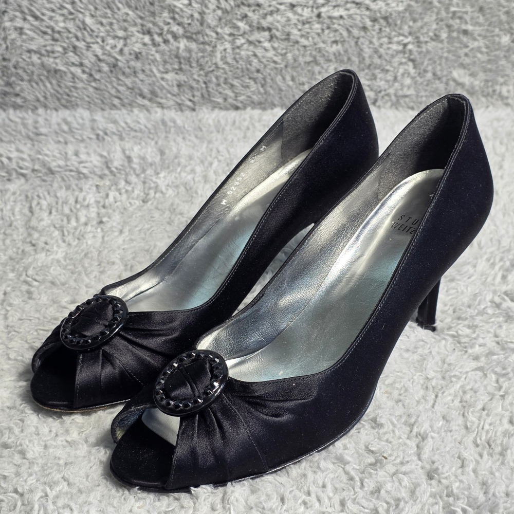 Stuart Weitzman Black Satin Peep Toe Heels Pumps Round Jeweled Toe 8.5M VTG‎